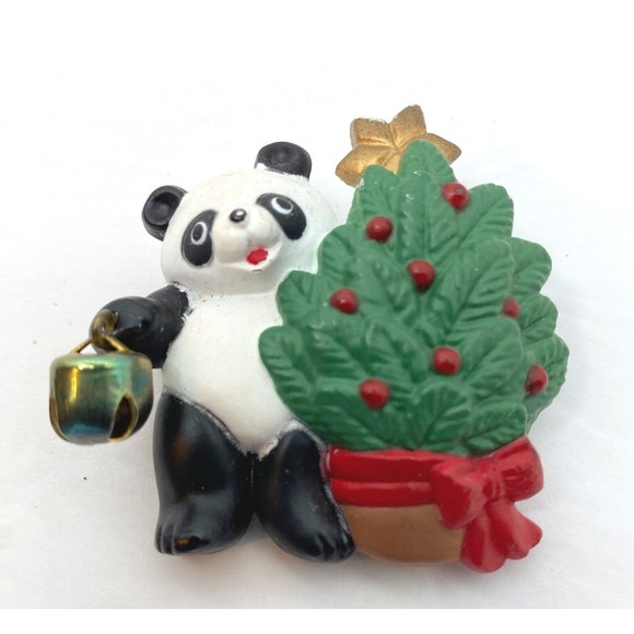 Vintage Panda Bear And Christmas Tree Brooch Pin - Picture 1 of 6